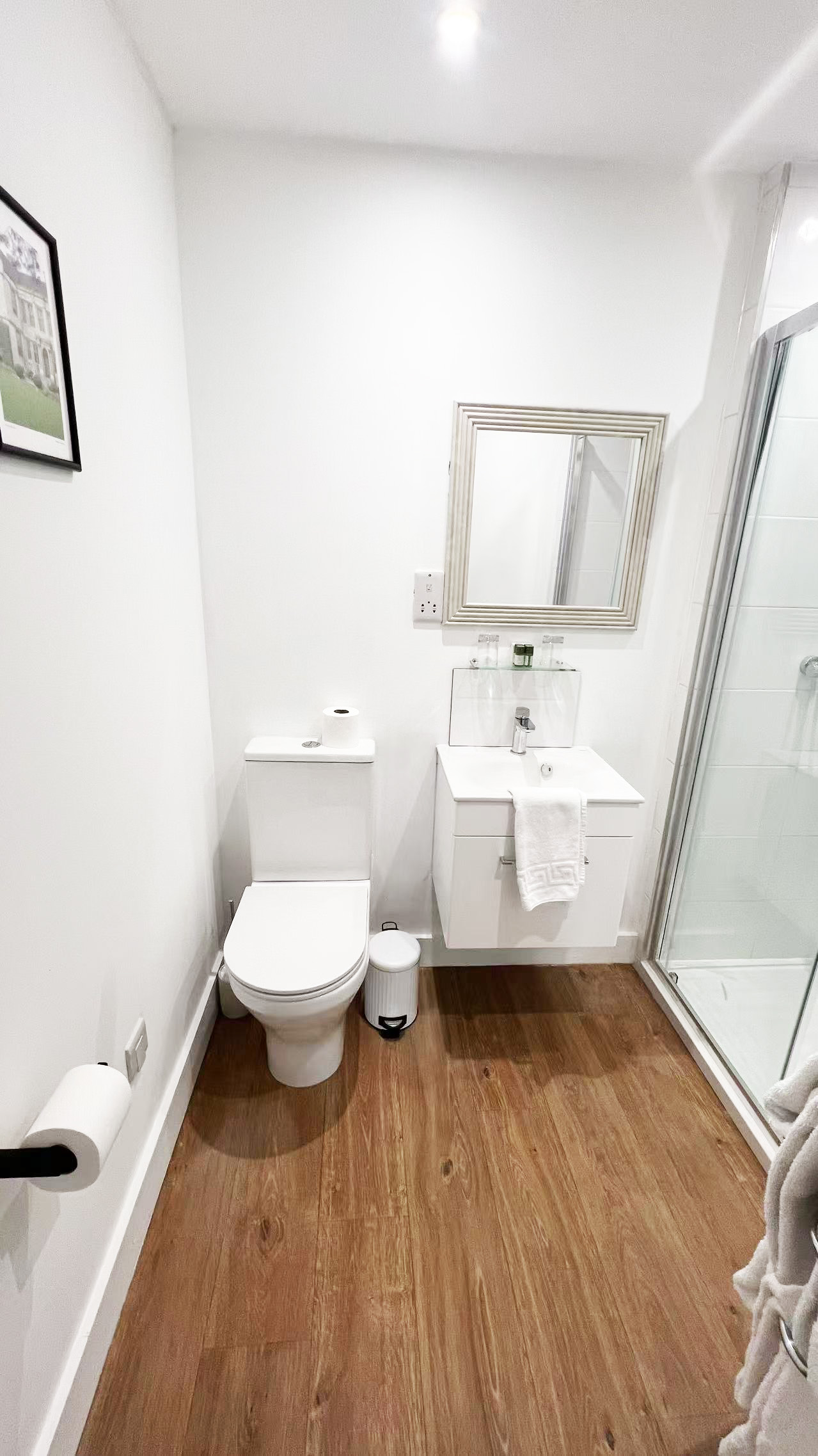 Compact white bathroom with toilet, vanity sink, framed mirror, and glass shower enclosure on wood-look flooring.