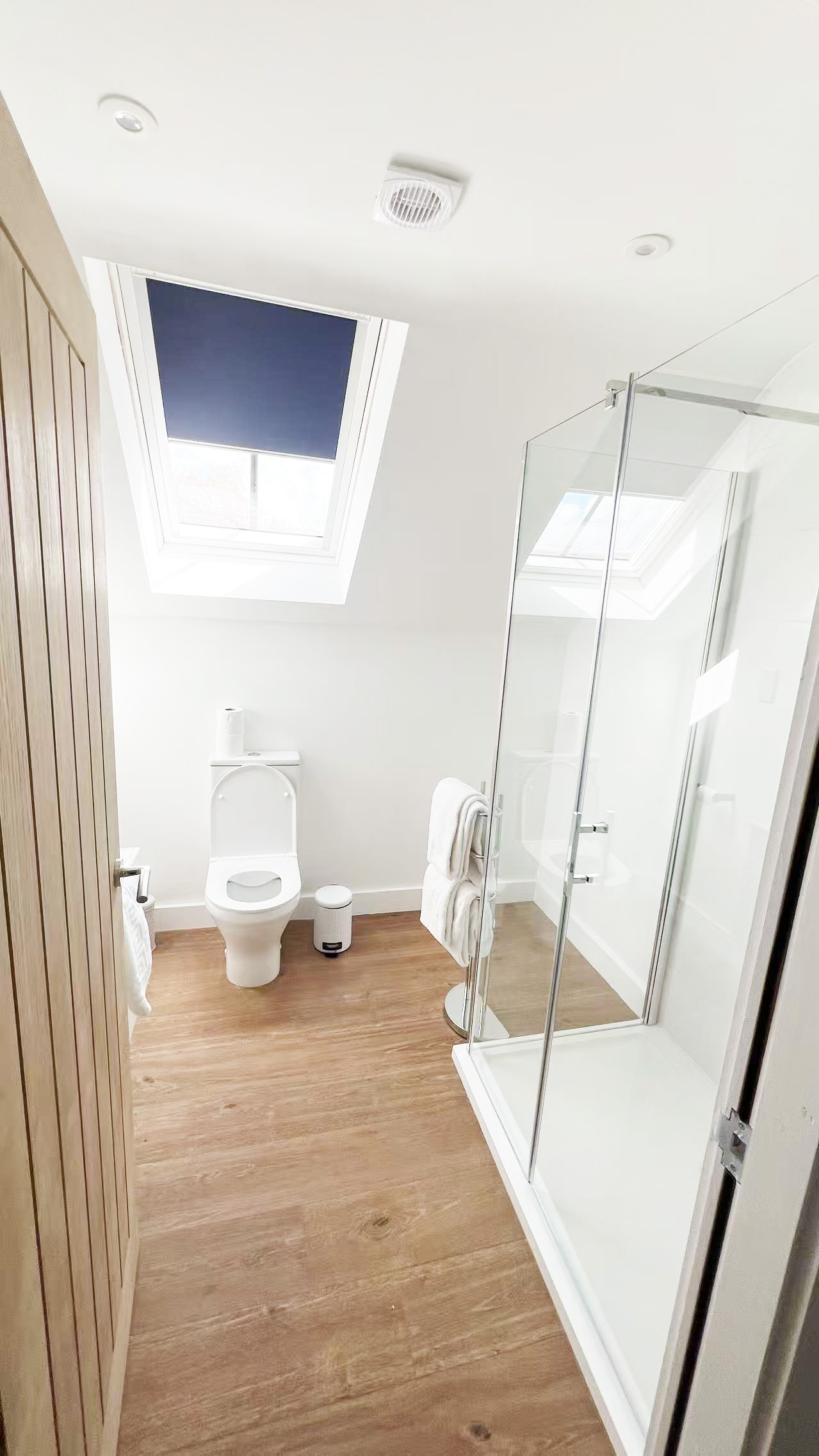 Bright, modern bathroom with a skylight, white fixtures, and a glass-enclosed shower adjacent to a wooden floor.